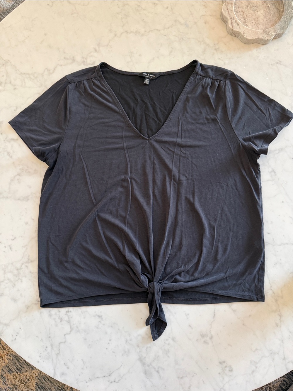 Lucky Brand Black Tie Front Top V Neck Short Sleeve Size L Boho Casual